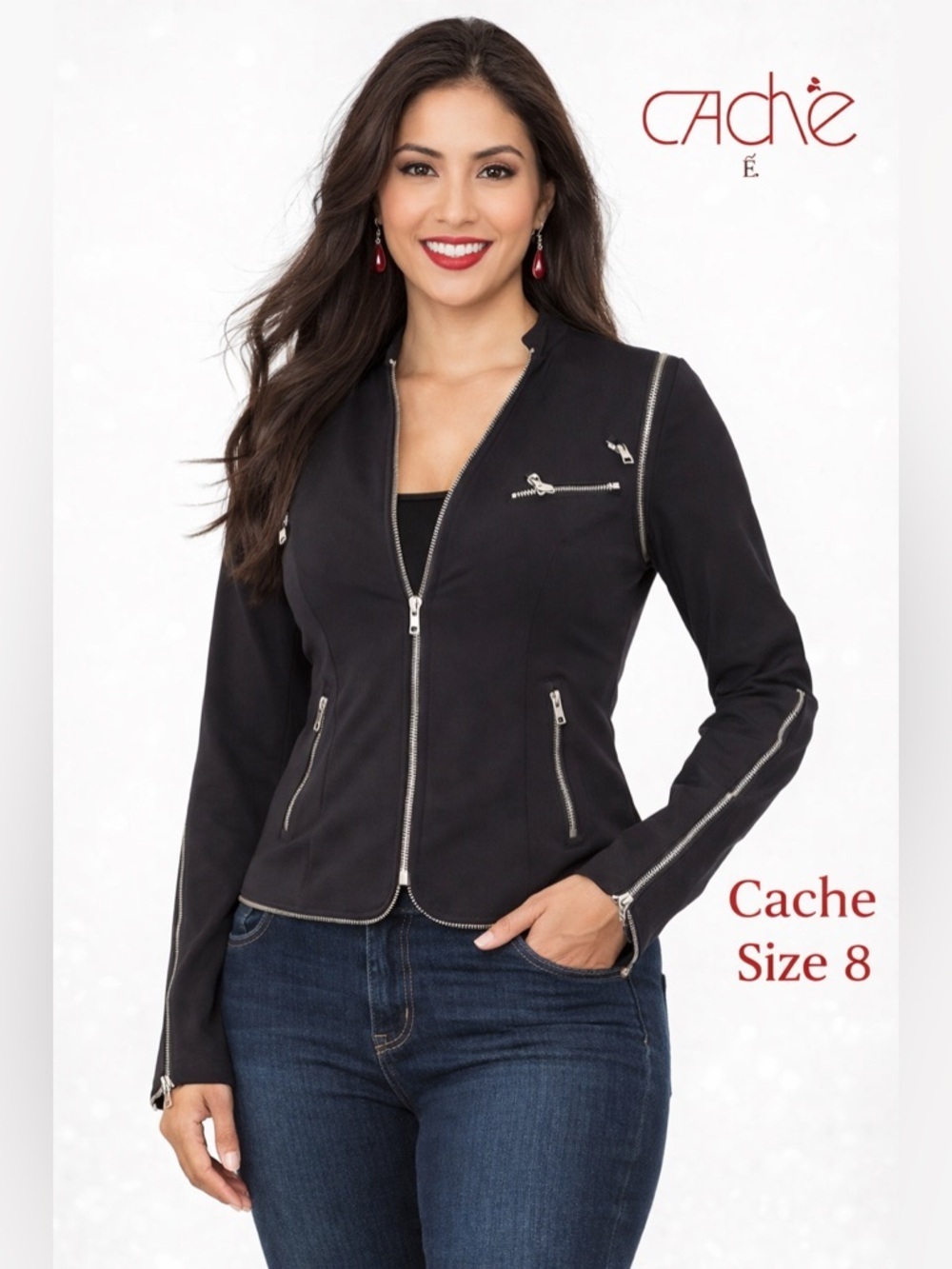 Cache Black Zip Detail Jacket Blazer Size 8 Edgy Moto Style designer chic